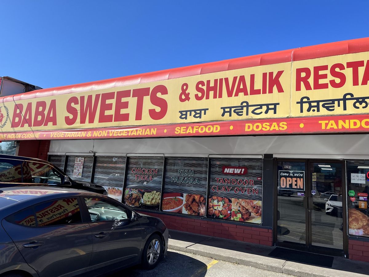 Baba Sweets & Shivalik Restaurant sign on 120 St, North Delta